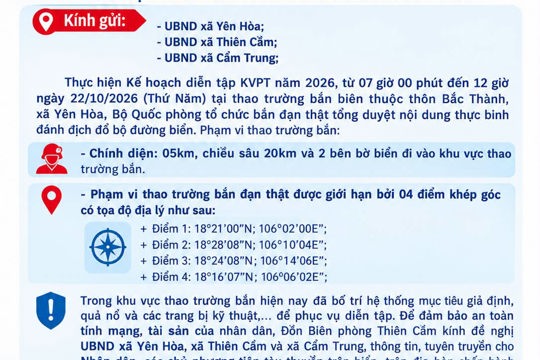 Thông báo: Bắn đạn thật tổng duyệt tại thao trường bắn Biển thuộc thôn Bắc Thành, xã Yên Hòa, tỉnh Hà tĩnh