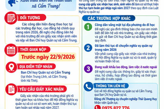 THÔNG BÁO:   Về việc cung cấp giấy xác nhận học sinh, sinh viên để làm thủ tục tạm hoãn nghĩa vụ quân sự năm 2027