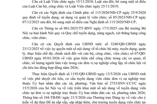 Kế hoạch Tuyển dụng viên chức tại đơn vị sự nghiệp trực thuộc UBND xã năm 2026