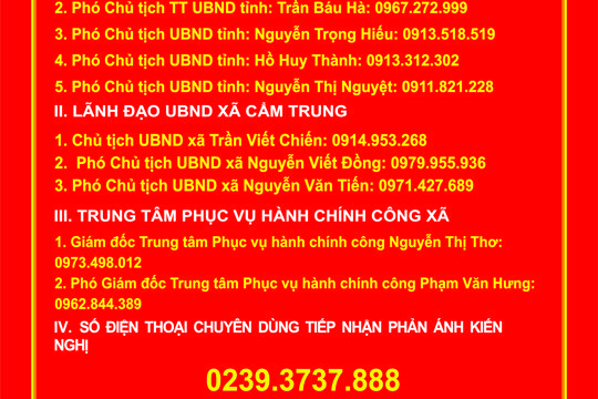 Xã Cẩm Trung thông báo công khai: Đường dây nóng tiếp nhận thông tin phản ánh, kiến nghị của người dân, tổ chức Doanh nghiệp trong giải quyết thủ tục Hành chính 