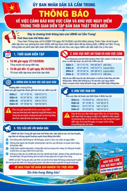 Ủy ban nhân dân xã Cẩm Trung Thông báo:  Thời gian diễn tập bắn đạn thật trên biển, tại thao trường bắn biển thuộc thôn Bắc Thành, xã Yên Hòa, tỉnh Hà Tĩnh 