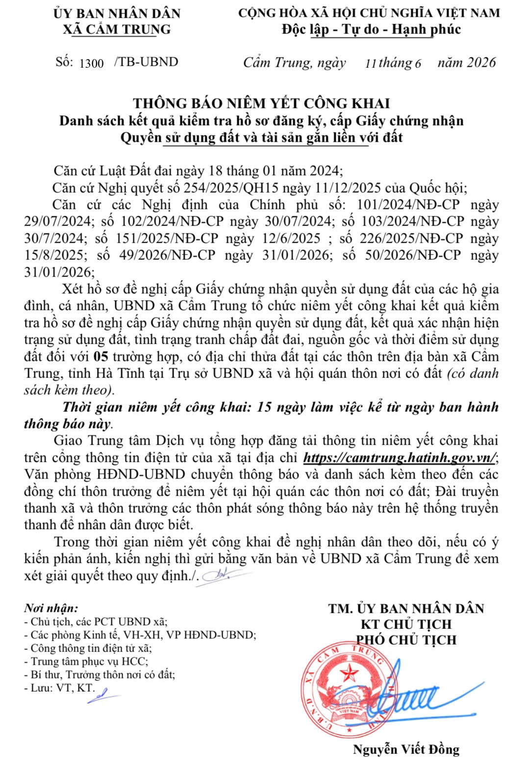 Ủy ban nhân dân xã Cẩm Trung, tỉnh Hà Tĩnh thông báo niêm yết công khai Danh sách kết quả kiểm tra hồ sơ đăng ký, cấp Giấy chứng nhận Quyền sử dụng đất và tài sản gắn liền với đất năm 2026