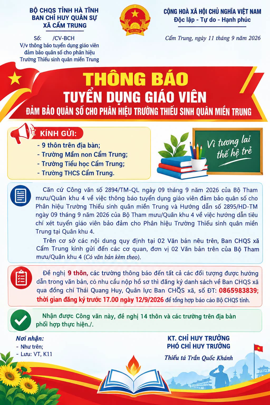 Thông báo : Tuyển dụng giáo viên đảm bảo quân số cho Phân hiệu Trường Thiếu sinh quân miền Trung