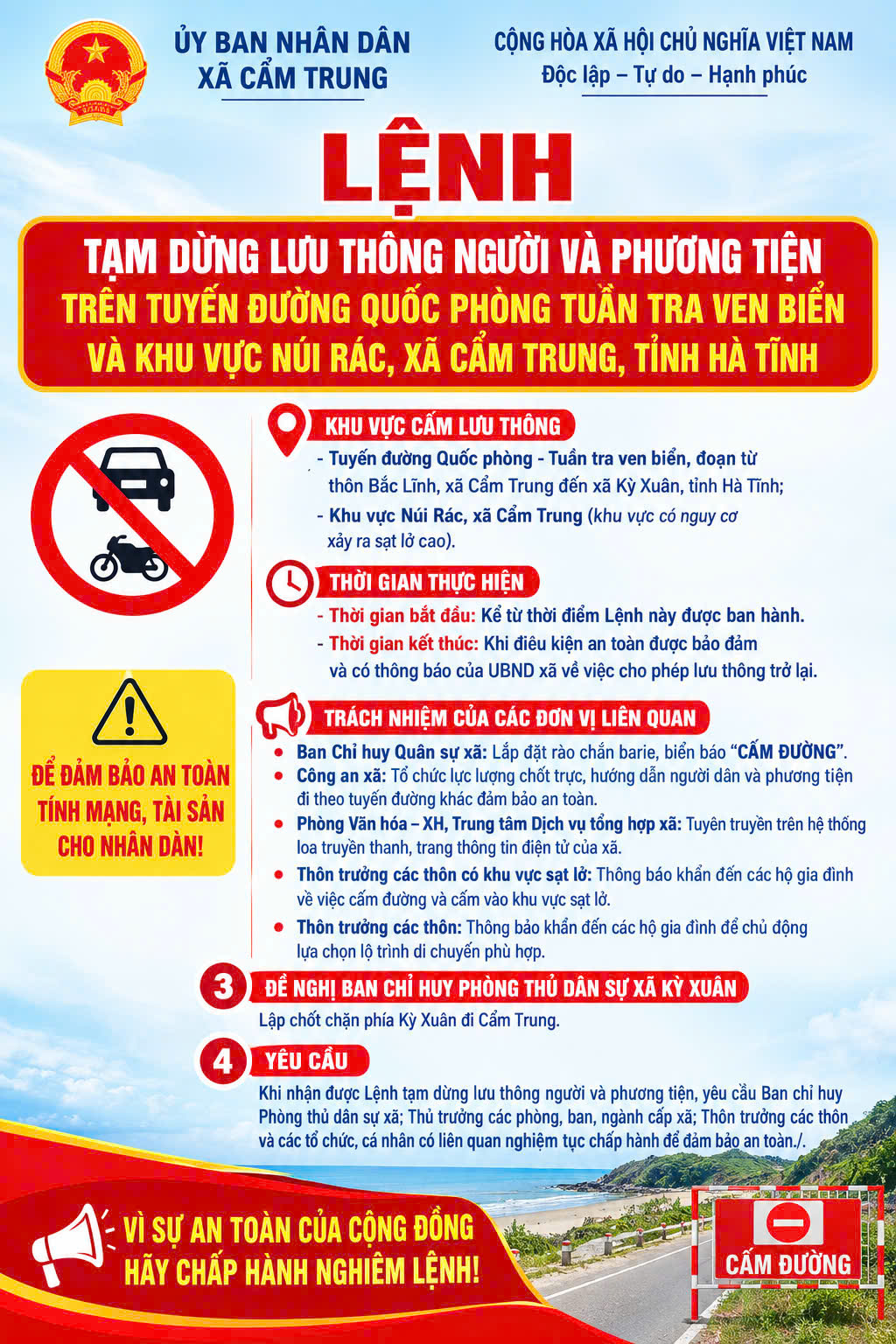 LỆNH: Tạm dừng lưu thông người và phương tiện trên tuyến đường Quốc phòng tuần tra ven biển và khu vực Núi Rác, xã Cẩm Trung, tỉnh Hà Tĩnh.